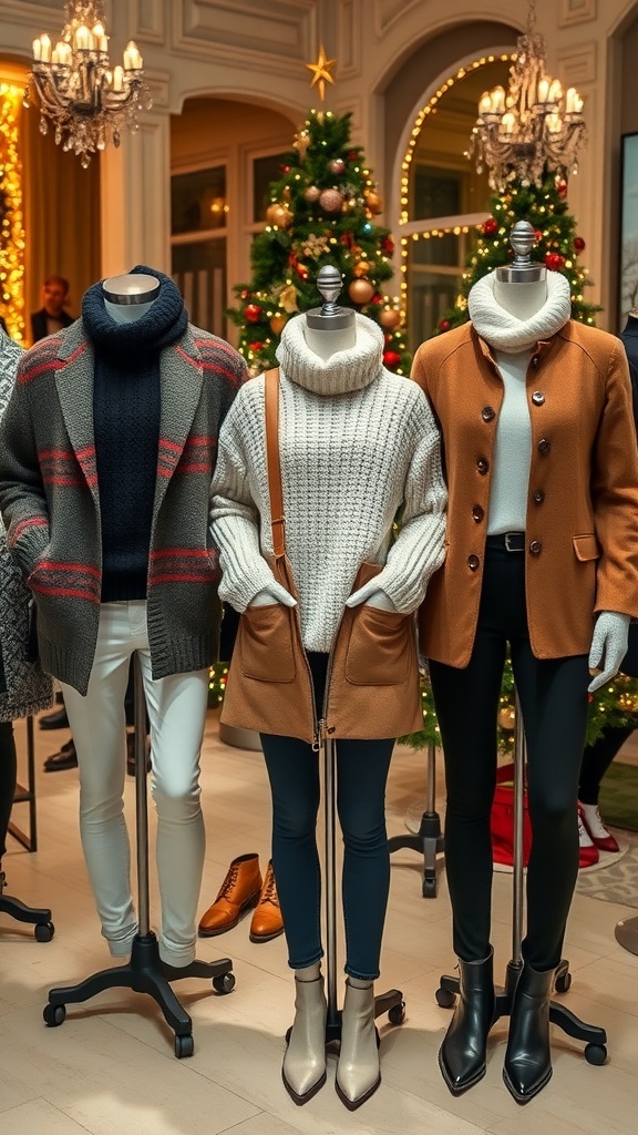 Stylish oversized outfits for Christmas parties displayed in a festive setting.